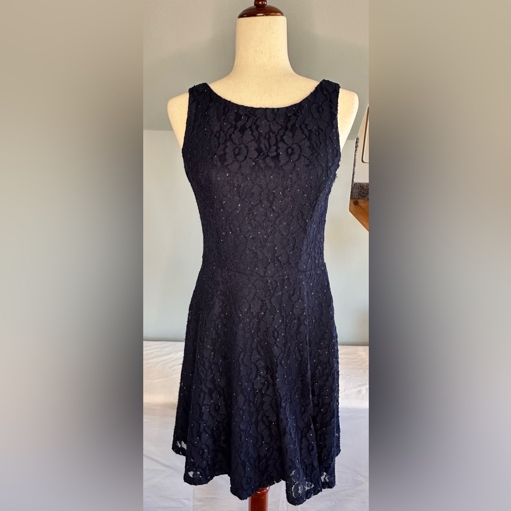Speechless Navy Blue/silver Lace Floral Flare Dress Crew Neck Women Sze 9